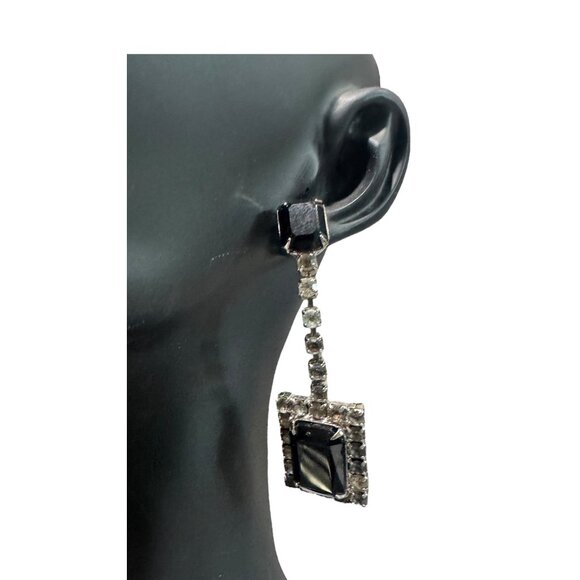 Vintage Art Deco-Style Black & Clear Rhinestone Dangle Earrings - Picture 5 of 6